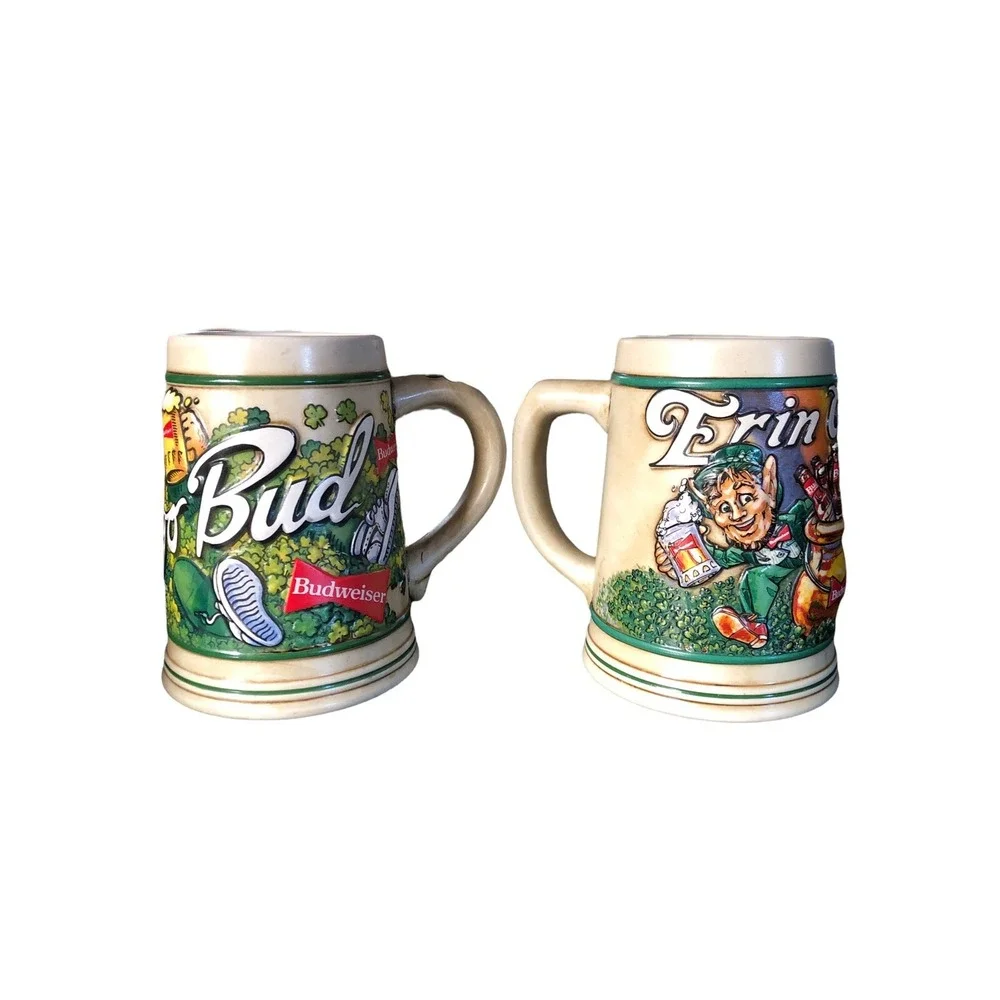2 Anheuser Budweiser Mugs Stein Erin Go Bud‎ Leprechaun St Patrick's Day 1992